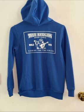 True Religion Royal blue zip front hoodie jacket graphic on back Size XL